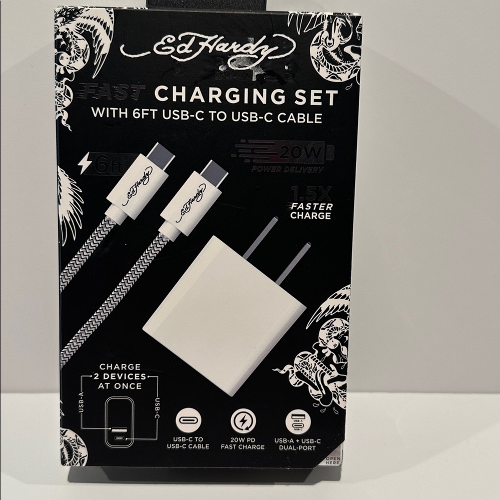 NIB Ed Hardy Fast Charging Set with 6 Ft. USB-C to USB-C Cable.